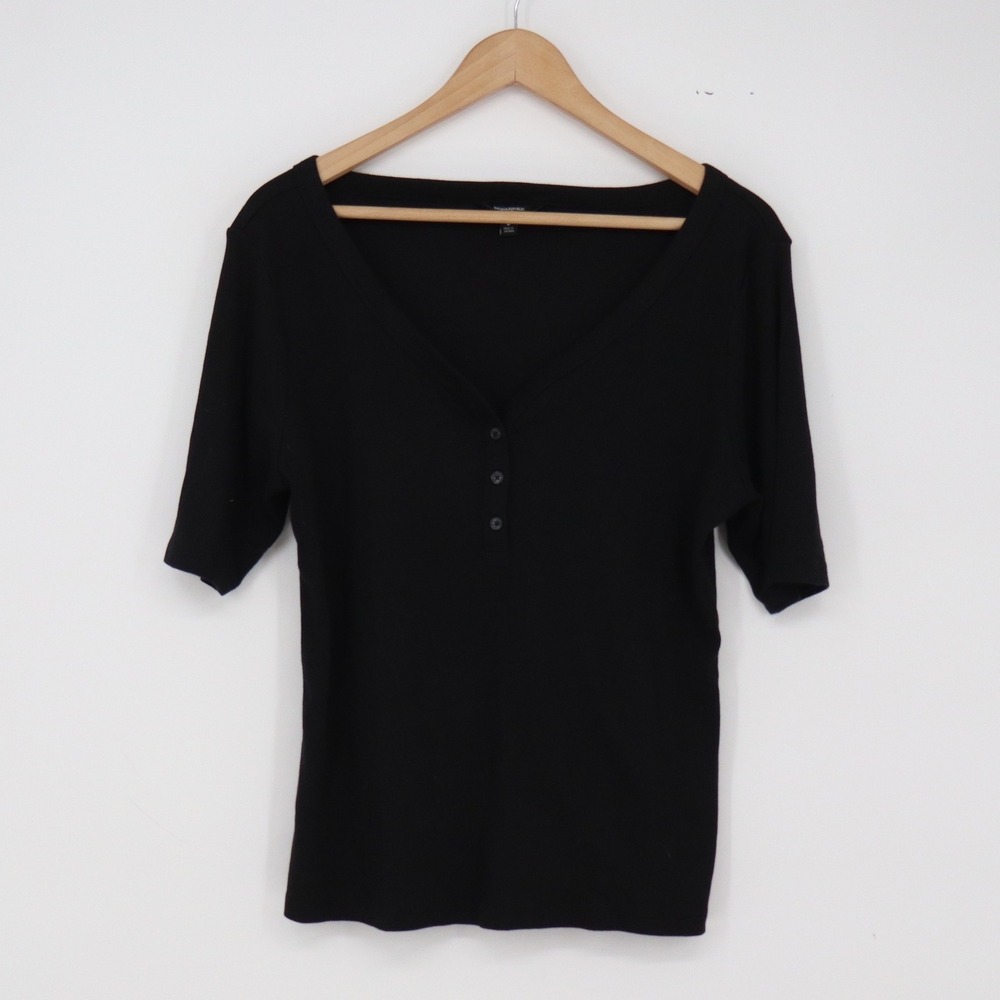 Banana Republic Top Womens L Henley Black Ribbed Short Sleeve Excellent